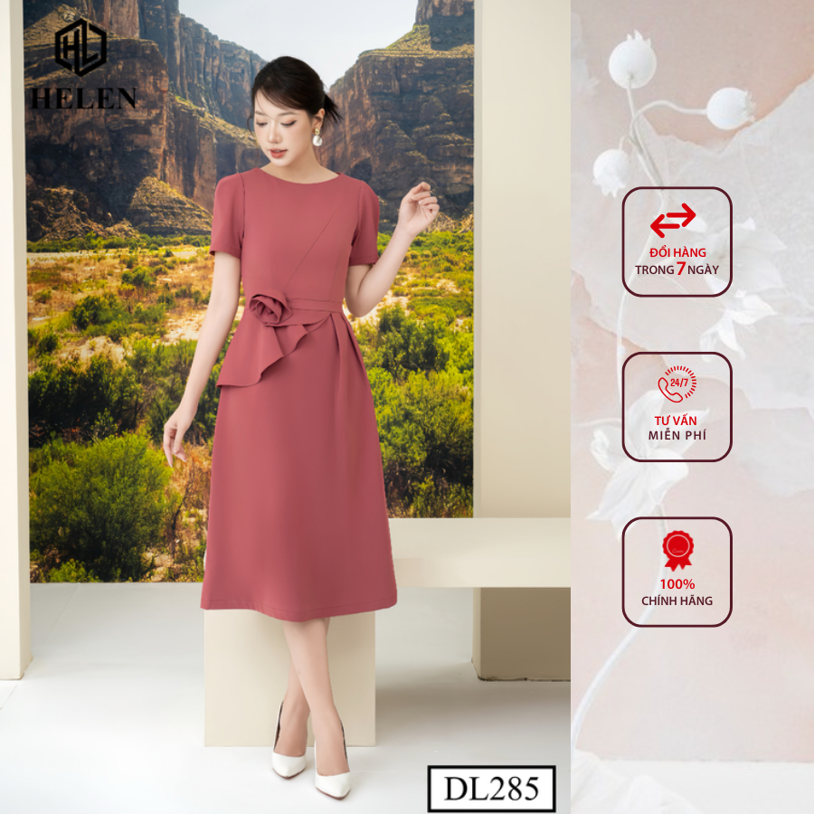 Đầm công sở HELEN thiết kế dáng xòe peplum màu hồng đính hoa eo DL285