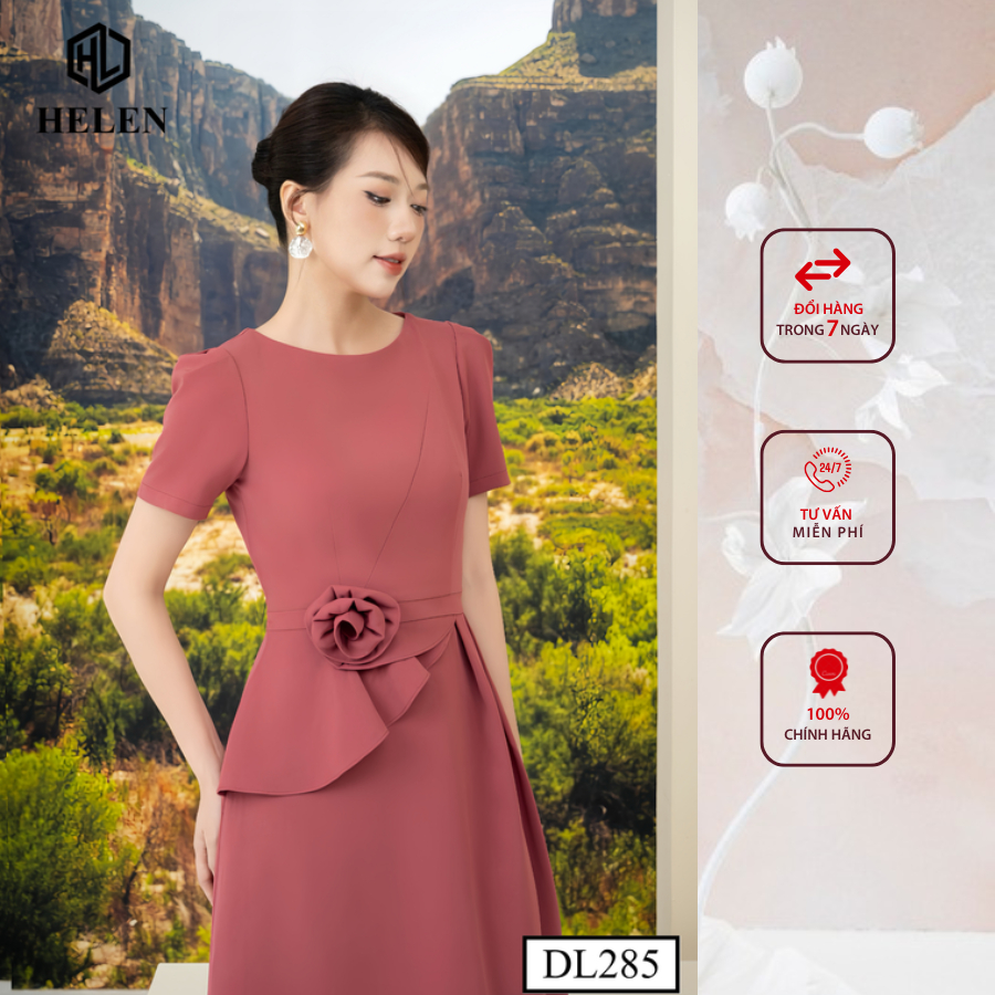 Đầm công sở HELEN thiết kế dáng xòe peplum màu hồng đính hoa eo DL285