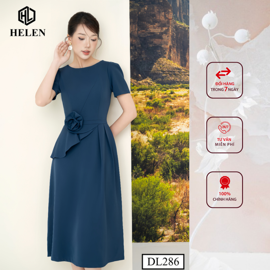 Đầm công sở HELEN thiết kế dáng xòe peplum màu xanh đính hoa eo DL286