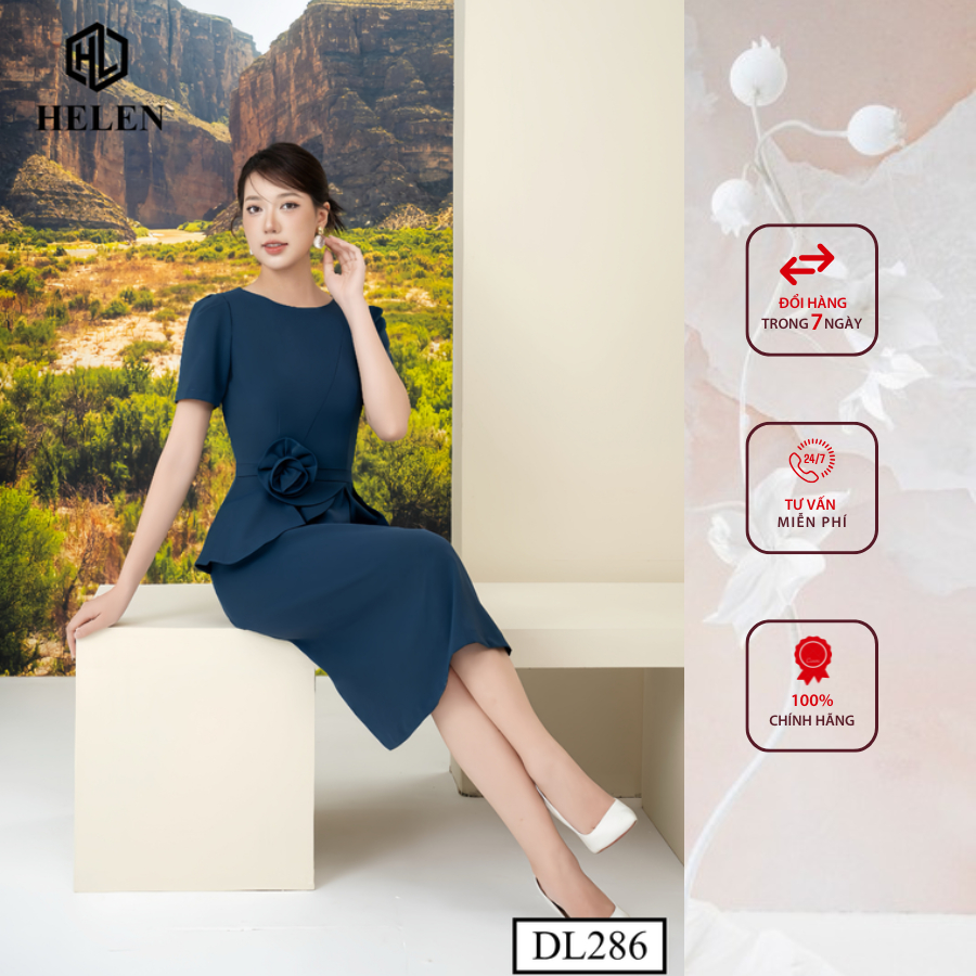 Đầm công sở HELEN thiết kế dáng xòe peplum màu xanh đính hoa eo DL286