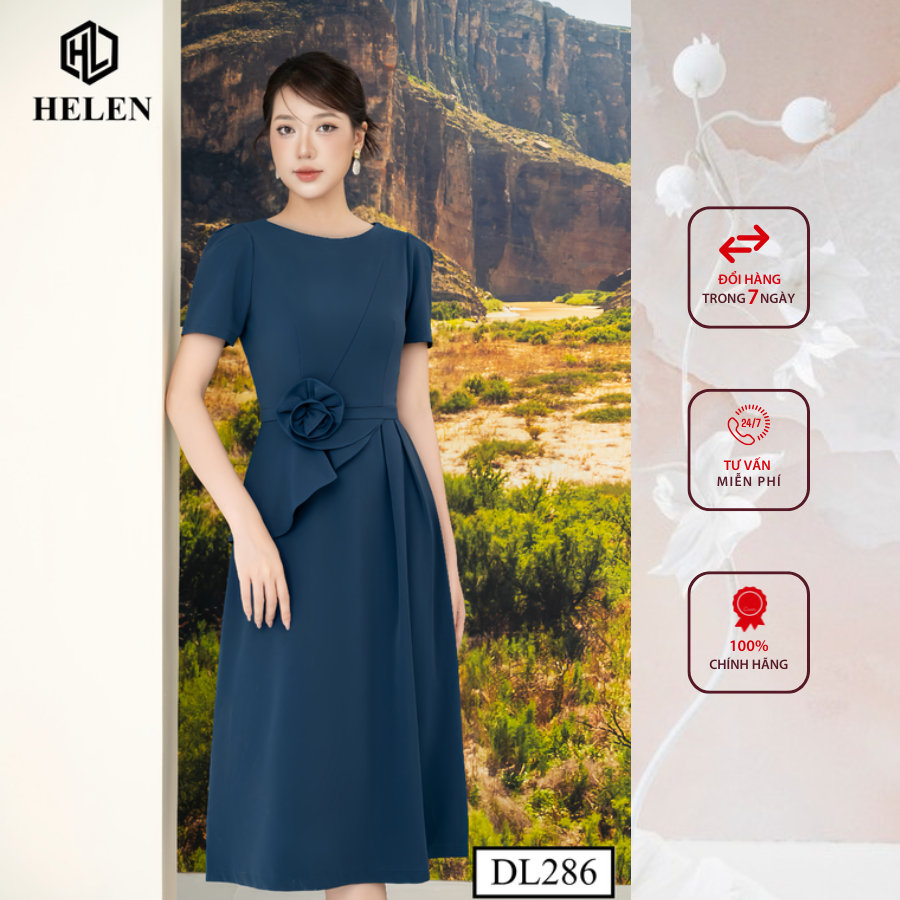 Đầm công sở HELEN thiết kế dáng xòe peplum màu xanh đính hoa eo DL286