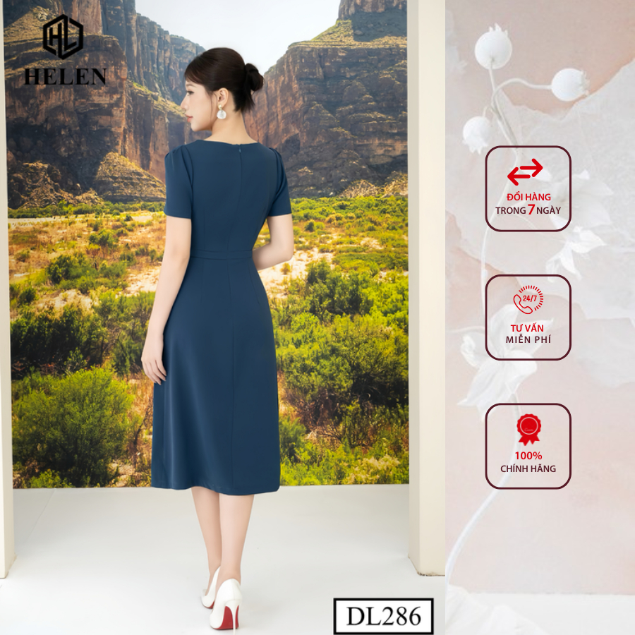 Đầm công sở HELEN thiết kế dáng xòe peplum màu xanh đính hoa eo DL286