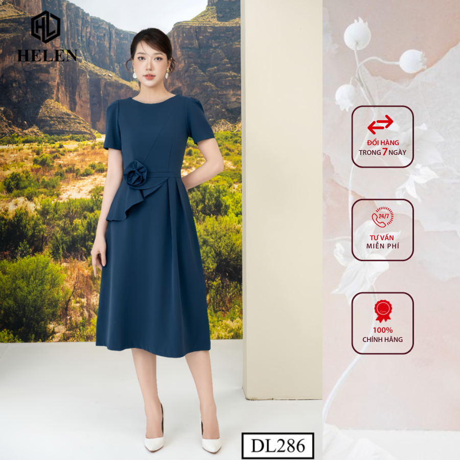 Đầm công sở HELEN thiết kế dáng xòe peplum màu xanh đính hoa eo DL286