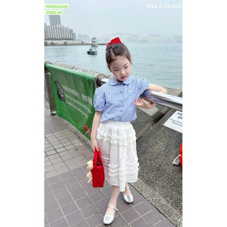 Set đầm hè bé gái tiểu thư Hàn Quốc – Áo caro cổ sen tay bồng phối váy trắng tầng siêu xinh | 13–45kg