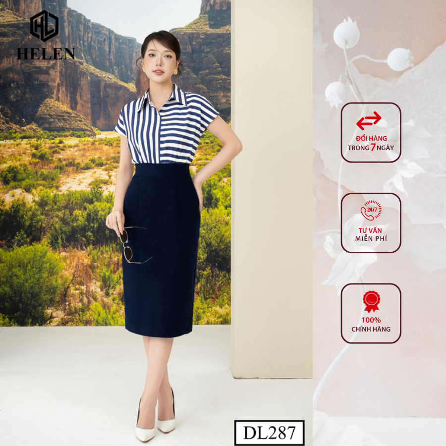 Đầm công sở HELEN thiết kế dáng ôm kẻ xanh phối chân xanh than DL287