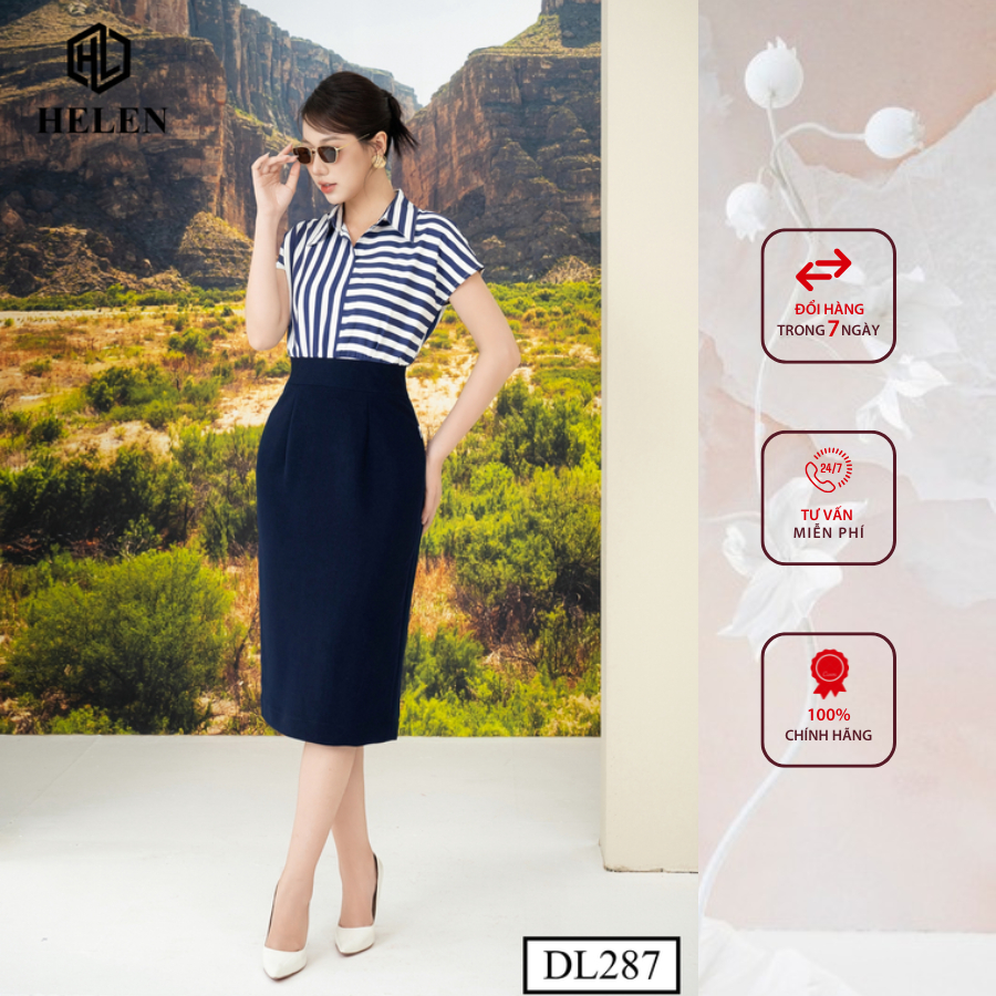Đầm công sở HELEN thiết kế dáng ôm kẻ xanh phối chân xanh than DL287