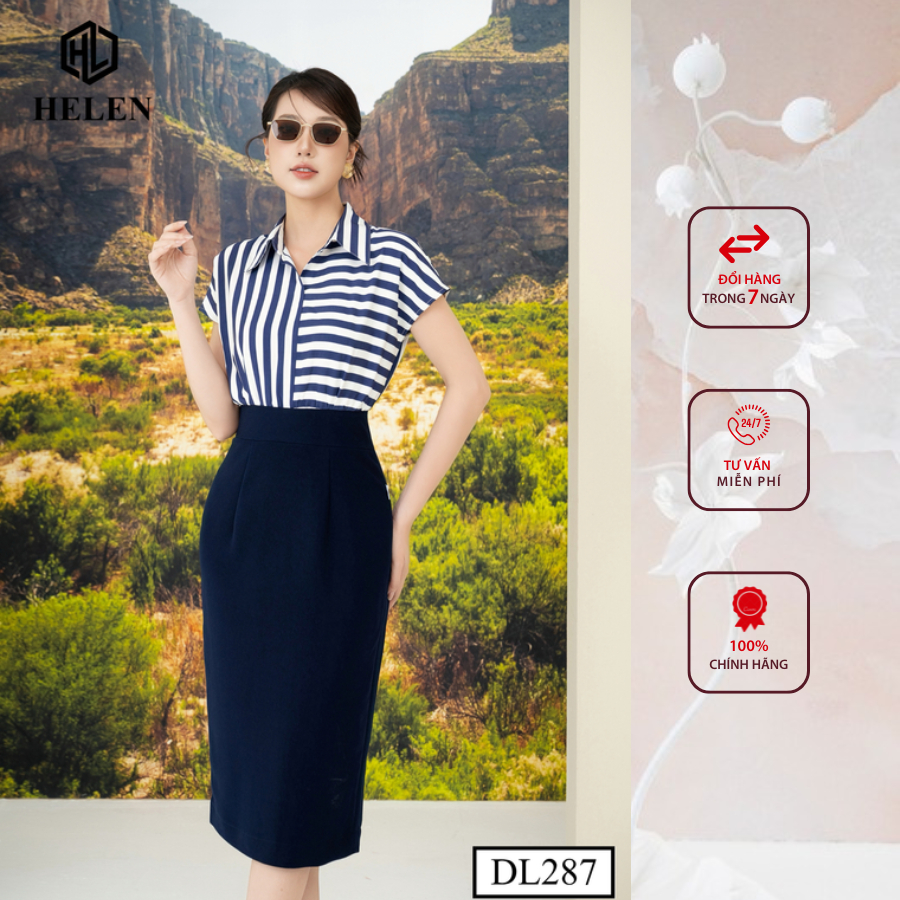 Đầm công sở HELEN thiết kế dáng ôm kẻ xanh phối chân xanh than DL287