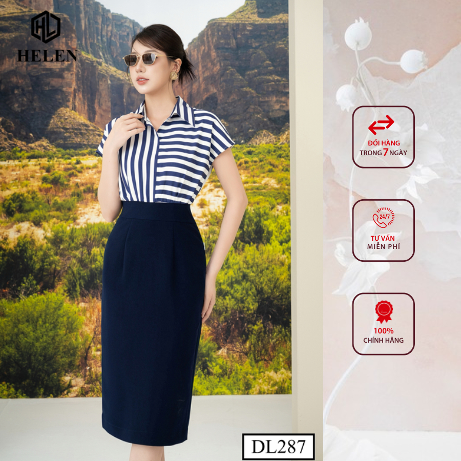 Đầm công sở HELEN thiết kế dáng ôm kẻ xanh phối chân xanh than DL287