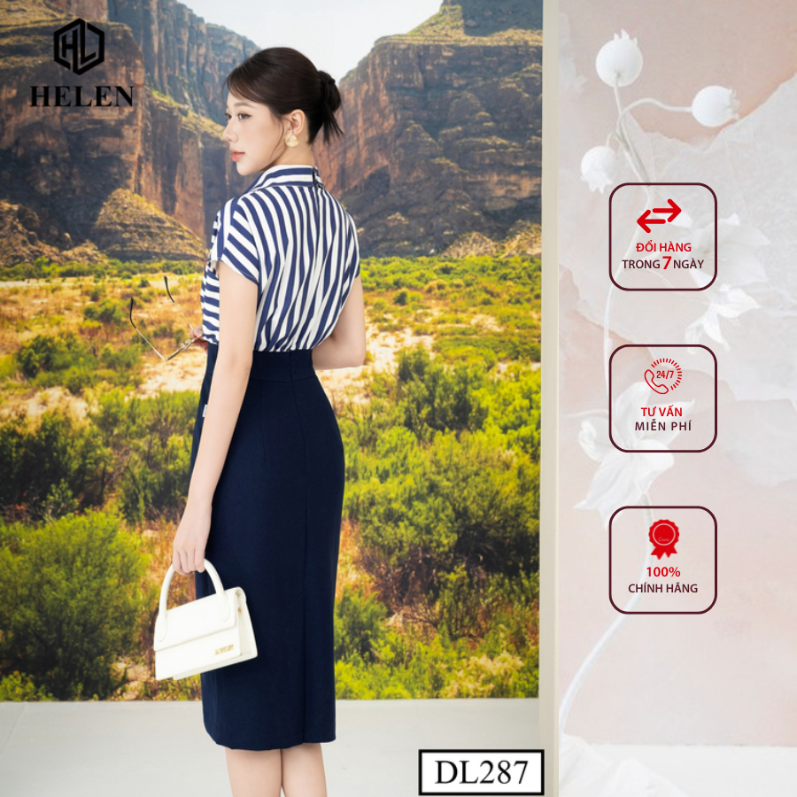 Đầm công sở HELEN thiết kế dáng ôm kẻ xanh phối chân xanh than DL287