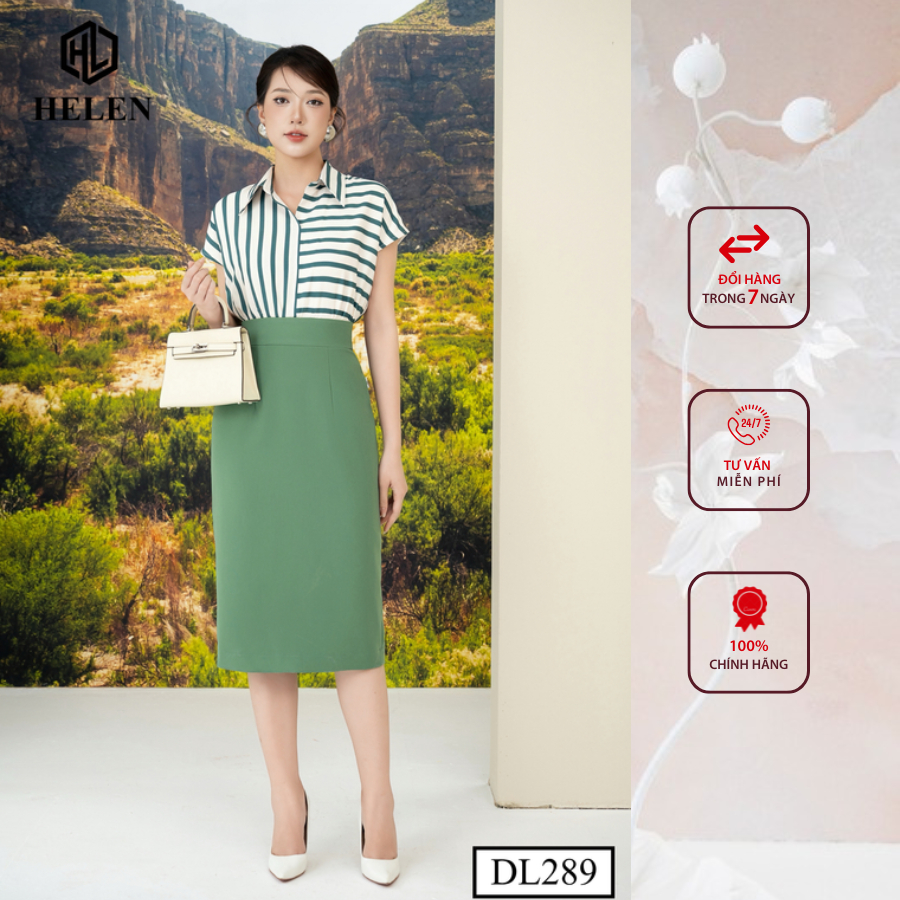 Đầm công sở HELEN thiết kế dáng ôm kẻ xanh lá phối chân xanh lá DL289