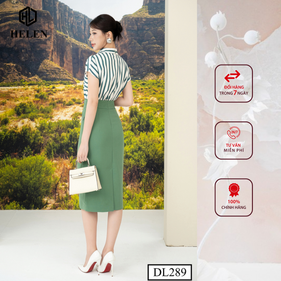 Đầm công sở HELEN thiết kế dáng ôm kẻ xanh lá phối chân xanh lá DL289