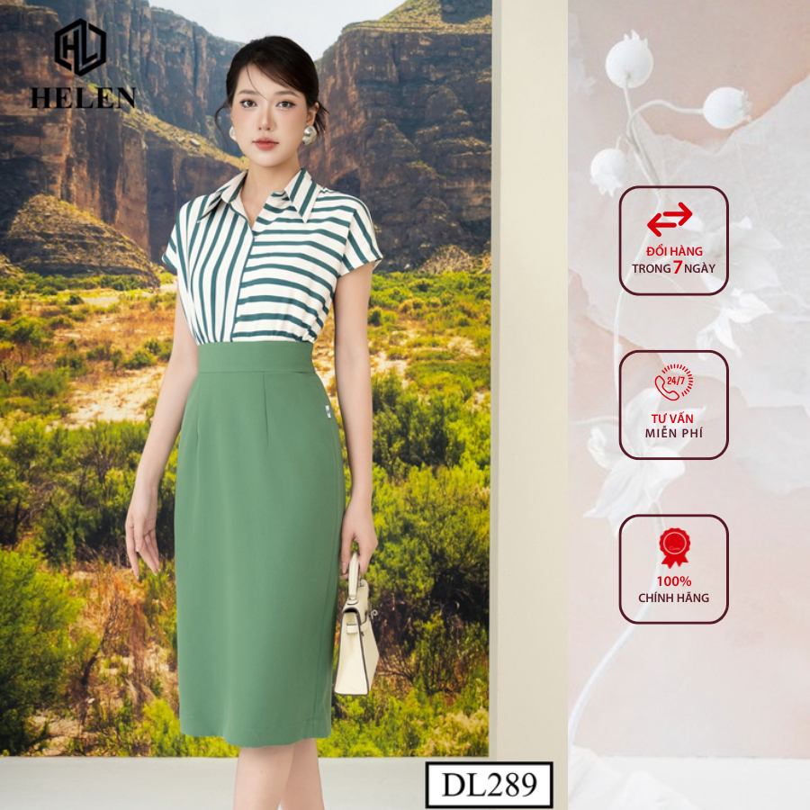 Đầm công sở HELEN thiết kế dáng ôm kẻ xanh lá phối chân xanh lá DL289