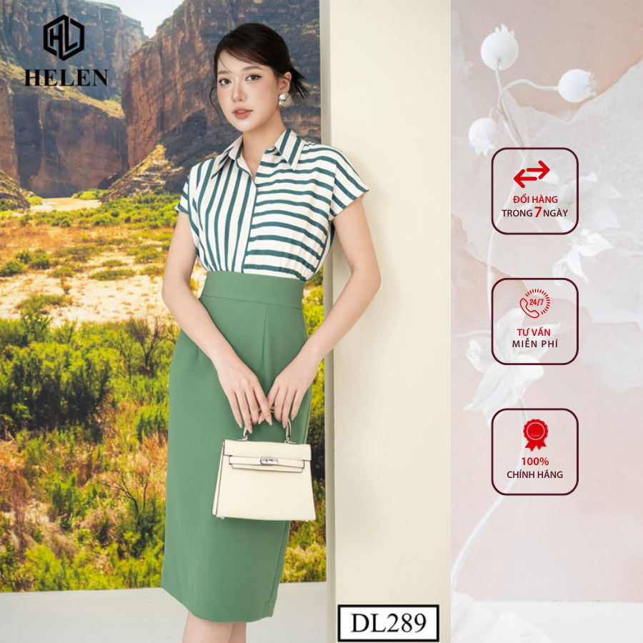Đầm công sở HELEN thiết kế dáng ôm kẻ xanh lá phối chân xanh lá DL289