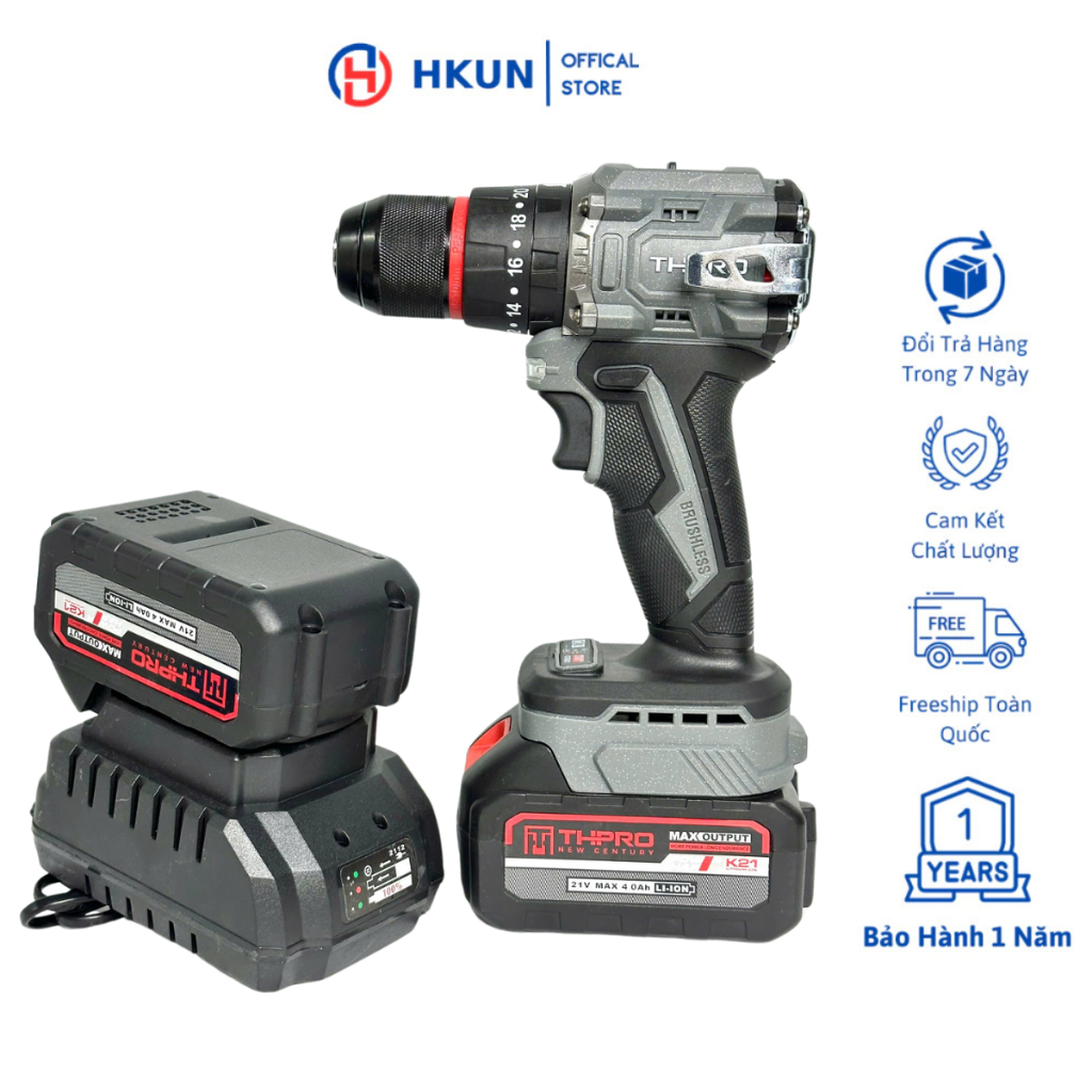 Máy Khoan Pin THPRO TH7721AK, 3 Chức Năng, Đầu 10ly Autolock, Động Cơ Không Chổi Than, Chân Pin Phổ Thông