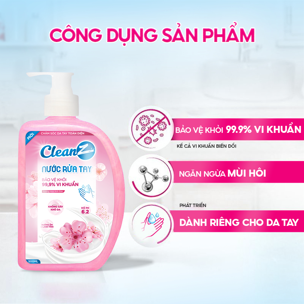 Nước rửa tay CleanZ bảo vệ khỏi vi khuẩn, an toàn mềm mại cho da tay 500ml