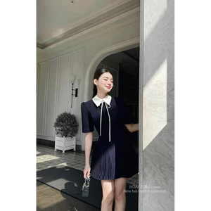 Đầm xòe công sở chất tuyết mưa cao cấp cổ mùng phối nơ – Váy ngắn xanh than nữ thanh lịch Hàn Quốc New 2025