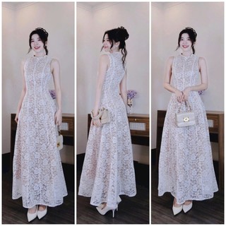 Đầm thời trang Nữ chất ren chỉ luồn cao cấp có mút thiết kế sát nách cổ tròn váy dài dáng suông có lót