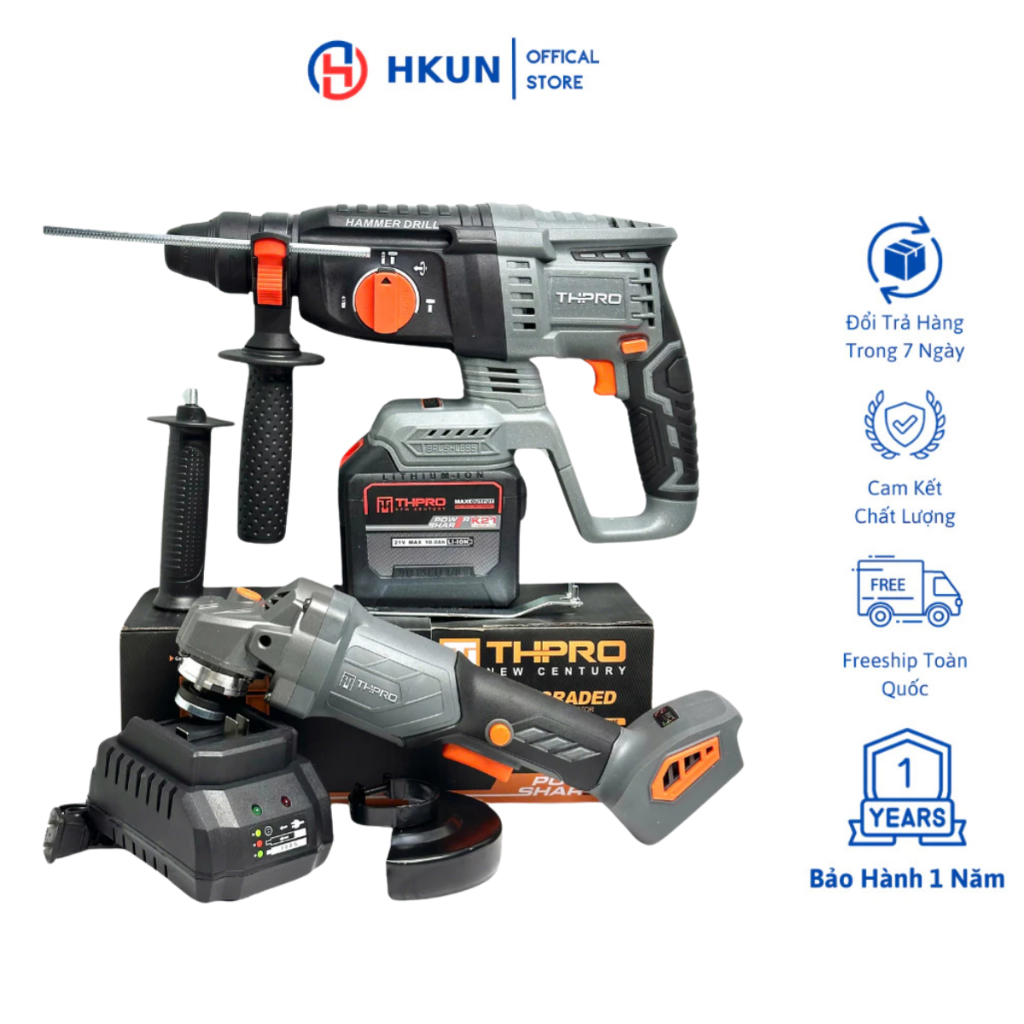 Combo Máy Khoan Bê Tông TH2606PRO, Máy Mài F1 Kèm Pin 20Cell Sạc - Động Cơ Lõi Đồng, Chân Pin Phổ Thông