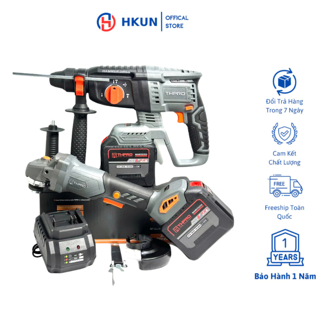 Combo Máy Khoan Bê Tông TH2606PRO, Máy Mài F1 Kèm 2Pin 20Cell Sạc - Động Cơ Lõi Đồng, Chân Pin Phổ Thông