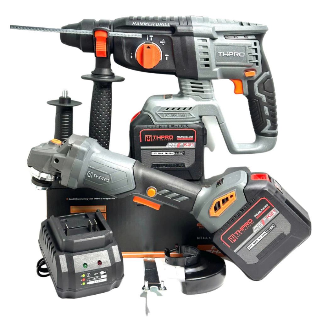 Combo Máy Khoan Bê Tông TH2606PRO, Máy Mài F1 Kèm 2Pin 20Cell Sạc - Động Cơ Lõi Đồng, Chân Pin Phổ Thông