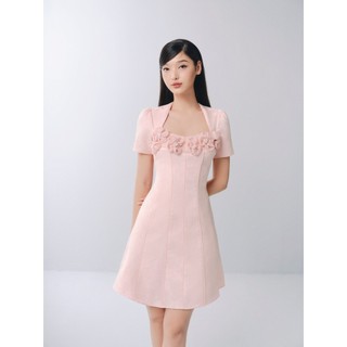 Đầm OLV chữ A cổ vuông đính hoa nữ tính màu sắc ngọt ngào Fuchsia phù hợp đi làm đi chơi
