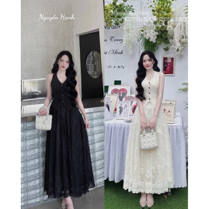 Set Váy maxi ren dài xòe phối áo gile cổ vest chun lưng buộc nơ cổ sang trọng đi tiệc cưới