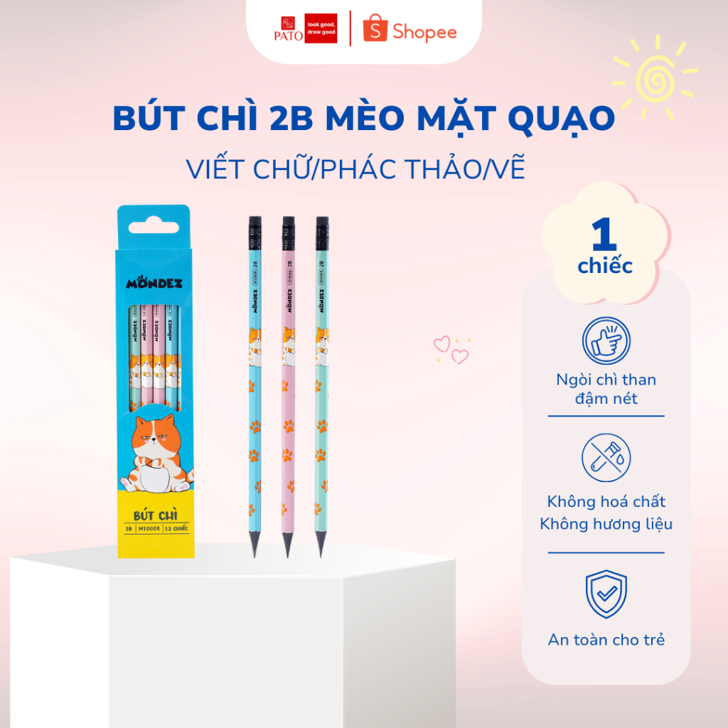 Bút Chì Học Sinh Mondez Mèo Quạo Kèm Tẩy Dễ Sử Dụng Ngòi Chì Đậm Màu Viết Trơn Sắc Nét M10008