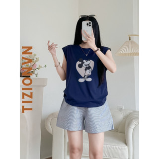 Set đùi mặc nhà áo sát nách xanh đen quần sọc thời trang, bộ đồ mặc nhà, mặc đi chơi in hình