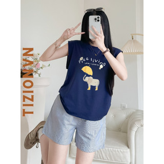 Set đùi mặc nhà áo sát nách xanh đen quần sọc thời trang, bộ đồ mặc nhà, mặc đi chơi in hình