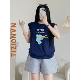 Set đùi mặc nhà áo sát nách xanh đen quần sọc thời trang, bộ đồ mặc nhà, mặc đi chơi in hình