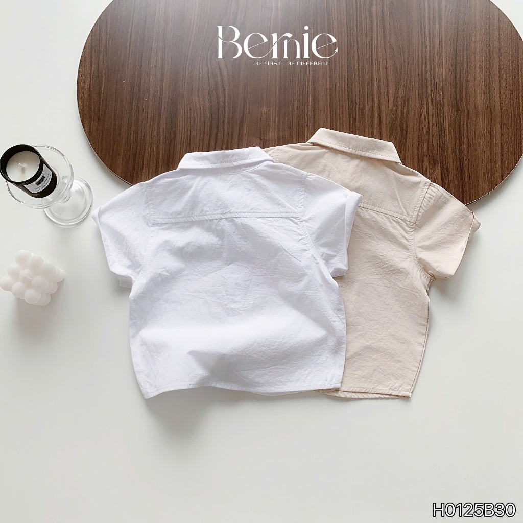 Bộ sơ mi bé trai thêu gấu kèm cavat cho bé, set sơ mi cộc tay phối quần kaki