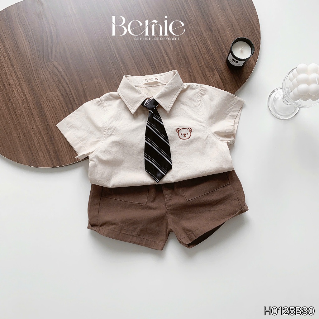 Bộ sơ mi bé trai thêu gấu kèm cavat cho bé, set sơ mi cộc tay phối quần kaki