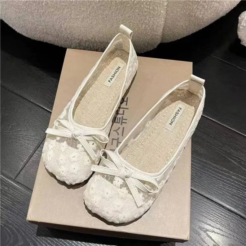 Giày Bệt Vải Mary Jane Nữ Hoa Lưới Bánh Bèo Chất Liệu Ren Đính Nơ Mũi Tròn || Mã N37
