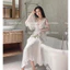 HT955 Váy ngủ lụa dáng dài phối ren tay bồng kèm ĐỆM LÓT hoa ngực dáng xoè tôn dáng HT955 MÚT