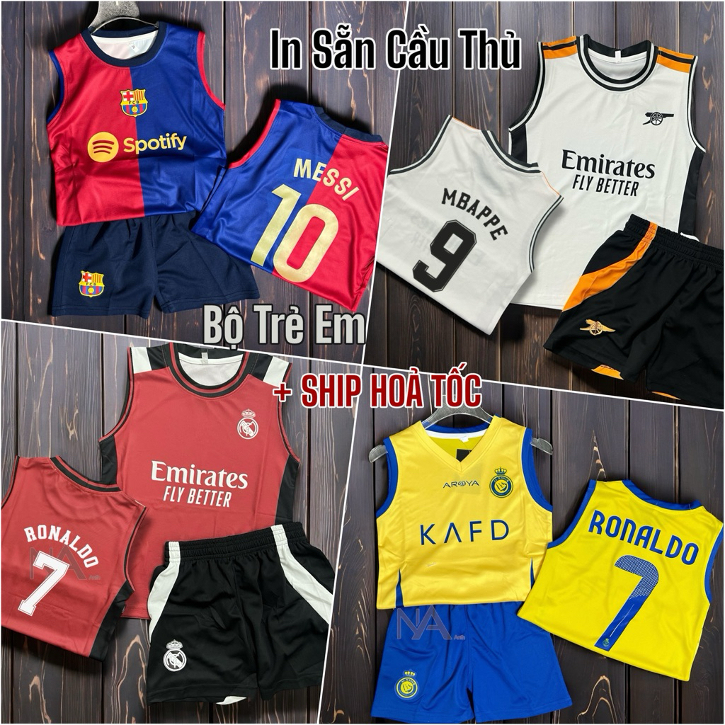 Bộ quần áo đá banh sát nách trẻ em in sẵn tên số cầu thủ Trẻ em