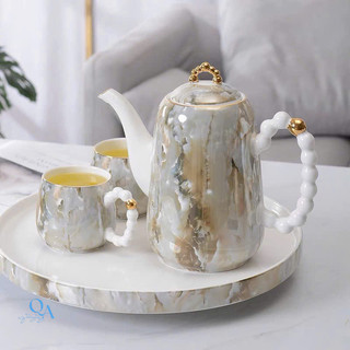 Bộ ấm trà sứ cao cấp VÂN ĐÁ đế tích hợp xoay 360 độ, bộ ấm uống trà hoa cúc thưởng trà chiều HOME DECOR