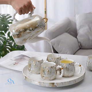 Bộ ấm trà sứ cao cấp VÂN ĐÁ đế tích hợp xoay 360 độ, bộ ấm uống trà hoa cúc thưởng trà chiều HOME DECOR