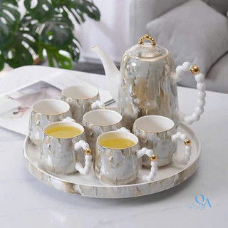 Bộ ấm trà sứ cao cấp VÂN ĐÁ đế tích hợp xoay 360 độ, bộ ấm uống trà hoa cúc thưởng trà chiều HOME DECOR