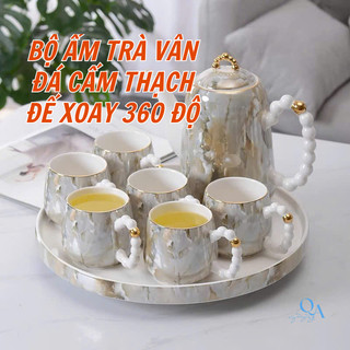 Bộ ấm trà sứ cao cấp VÂN ĐÁ đế tích hợp xoay 360 độ, bộ ấm uống trà hoa cúc thưởng trà chiều HOME DECOR