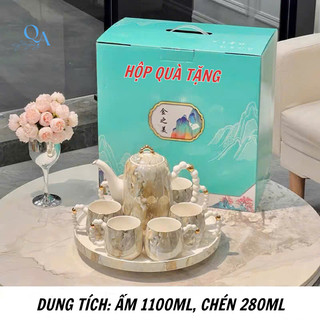 Bộ ấm trà sứ cao cấp VÂN ĐÁ đế tích hợp xoay 360 độ, bộ ấm uống trà hoa cúc thưởng trà chiều HOME DECOR