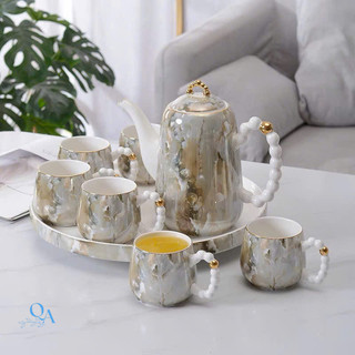 Bộ ấm trà sứ cao cấp VÂN ĐÁ đế tích hợp xoay 360 độ, bộ ấm uống trà hoa cúc thưởng trà chiều HOME DECOR