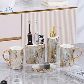 Bộ dụng cụ phòng tắm, bộ cốc đánh răng LAVABO 6 món sứ xương VÂN ĐÁ cao cấp viền vàng 24K sang trọng