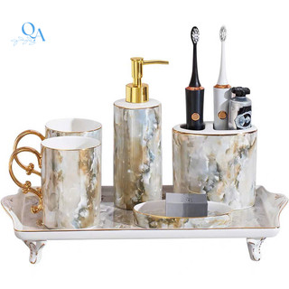 Bộ dụng cụ phòng tắm, bộ cốc đánh răng LAVABO 6 món sứ xương VÂN ĐÁ cao cấp viền vàng 24K sang trọng