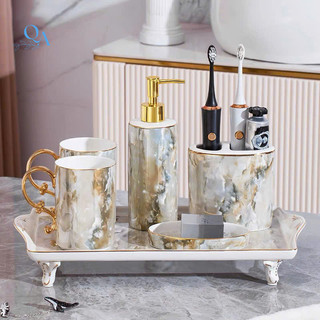 Bộ dụng cụ phòng tắm, bộ cốc đánh răng LAVABO 6 món sứ xương VÂN ĐÁ cao cấp viền vàng 24K sang trọng