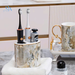 Bộ dụng cụ phòng tắm, bộ cốc đánh răng LAVABO 6 món sứ xương VÂN ĐÁ cao cấp viền vàng 24K sang trọng
