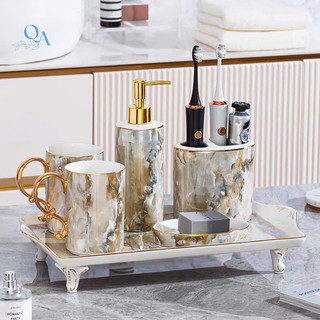 Bộ dụng cụ phòng tắm, bộ cốc đánh răng LAVABO 6 món sứ xương VÂN ĐÁ cao cấp viền vàng 24K sang trọng