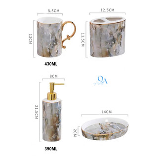 Bộ dụng cụ phòng tắm, bộ cốc đánh răng LAVABO 6 món sứ xương VÂN ĐÁ cao cấp viền vàng 24K sang trọng