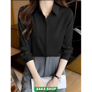 Áo sơ mi nữ đen tay dài dáng rộng giấu nút công sở