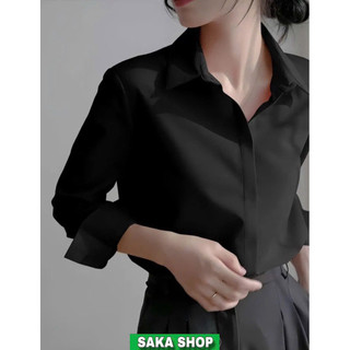 Áo sơ mi nữ đen tay dài dáng rộng giấu nút công sở