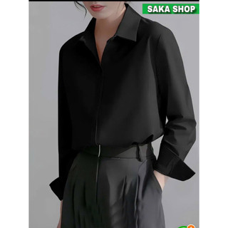 Áo sơ mi nữ đen tay dài dáng rộng công sở